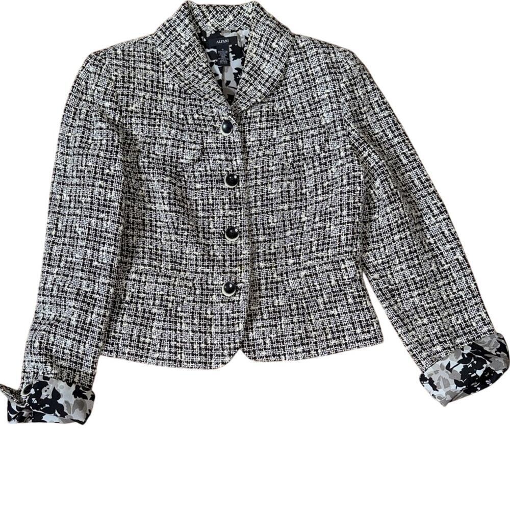 Alfani Tweed Button Down Blazer Black White Floral Lined Size